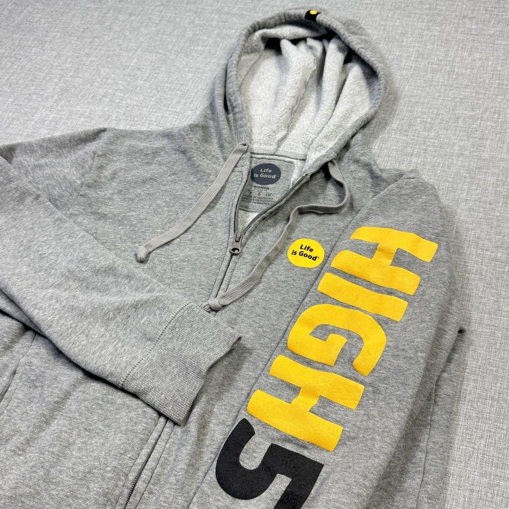 Life Is Good Hoodie Womens Small Gray Full Zip Fleece Hooded Logo Sleeve Graphic